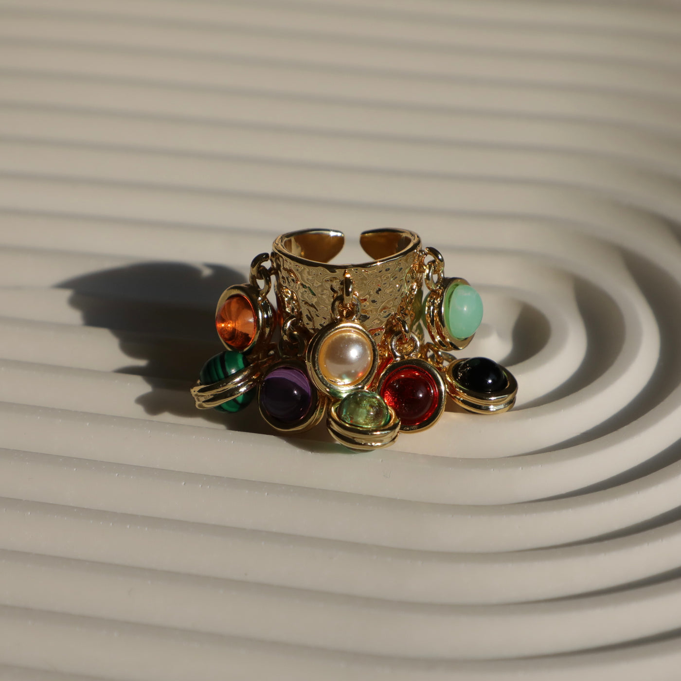 Treasure Island-ADJUSTABLE 14K GOLD PLATED OPEN RING WITH GEM STONES