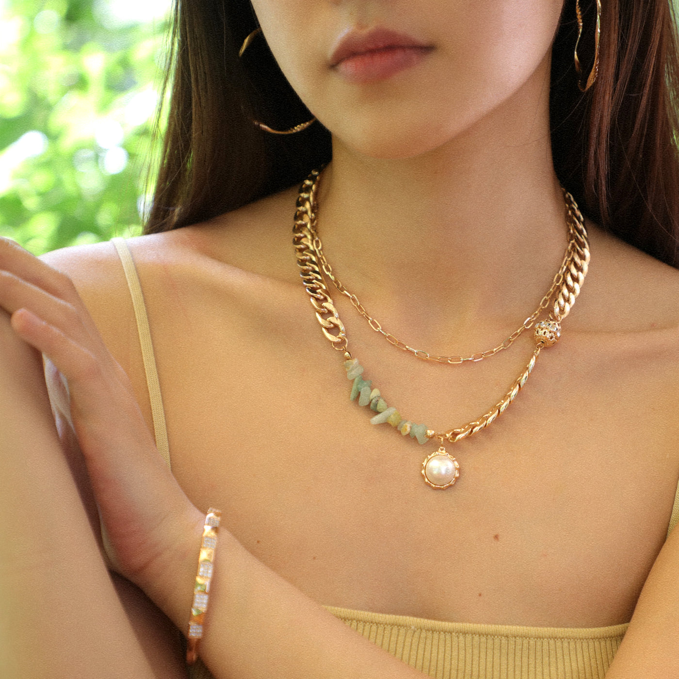 Palm Love - Gold Gemstone Dual Chain Necklace