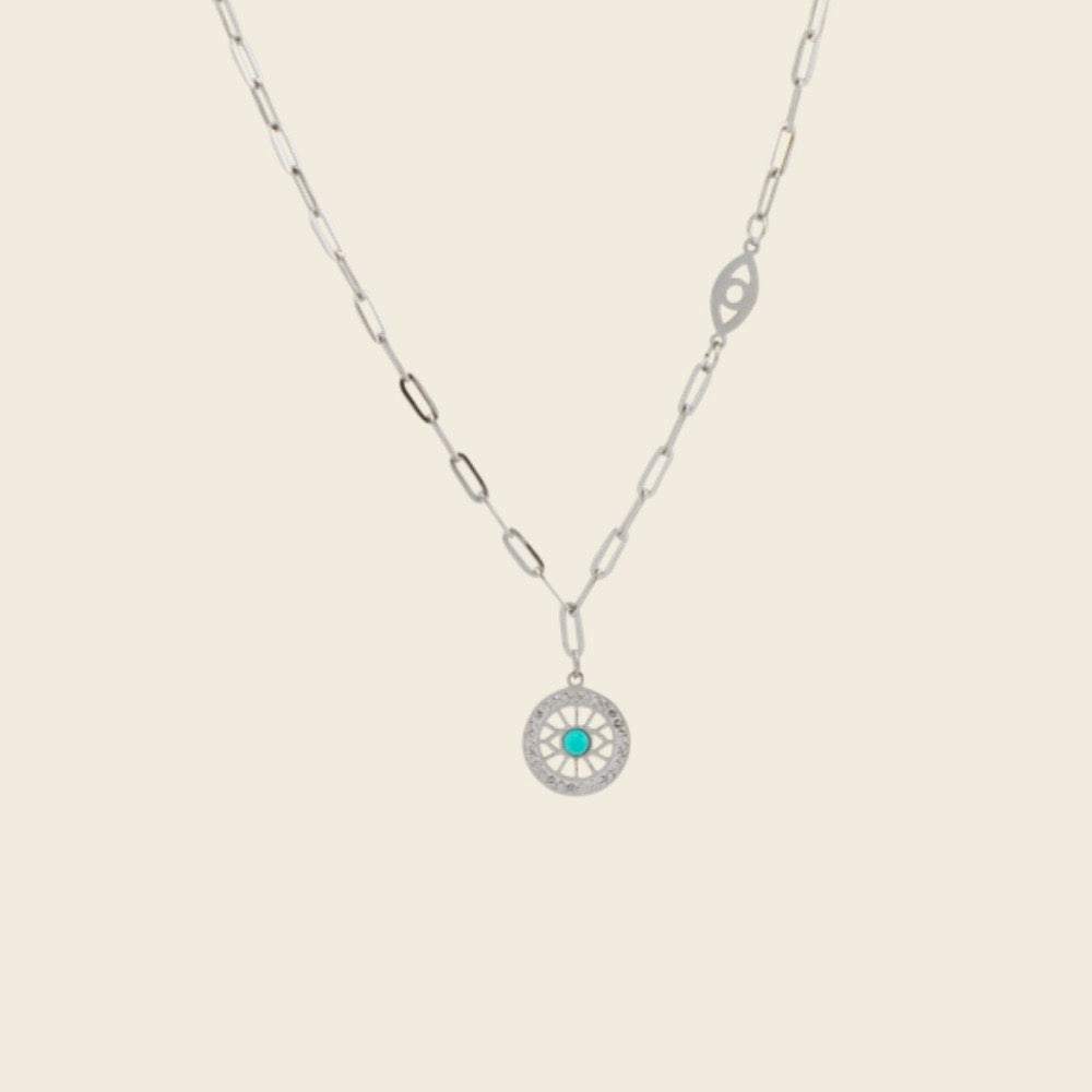 Wheel of Fortune - Stainless Steel Necklace Ornamented with Turquoise